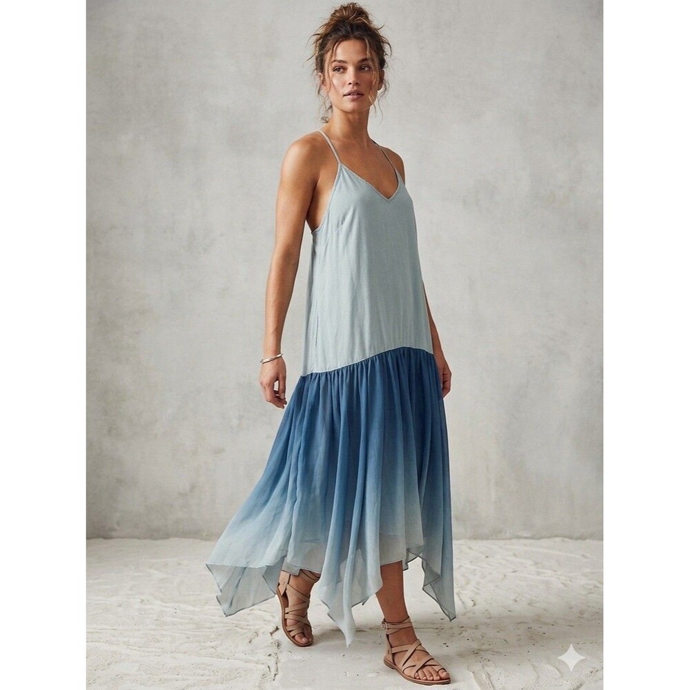 Free People Dress S Blue Ombre Sage Green Blue Spaghetti Strap Ruffle Midi Asym